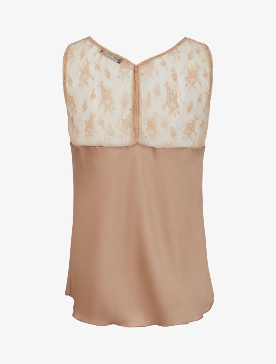 Top satiné à épaules en dentelle - Beige - 2
