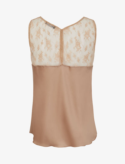 Top satiné à épaules en dentelle - Beige - 2
