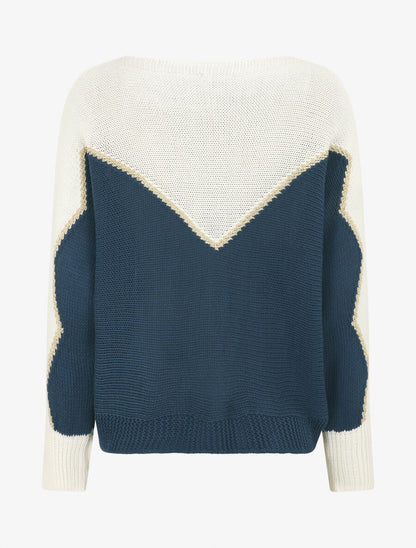 Pull loose col bateau et motif en V - Blanc/bleu - 2