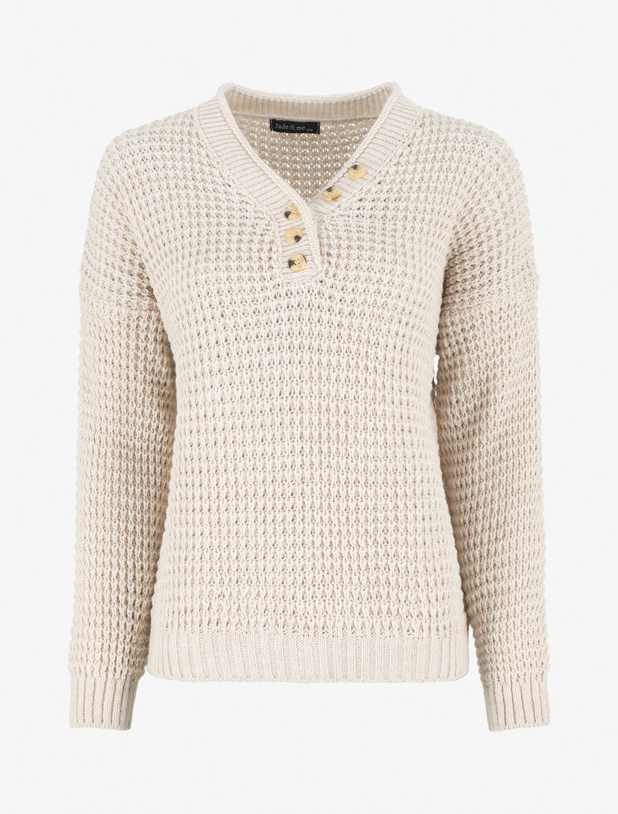 Pull droit uni col V boutonné - Beige - 4