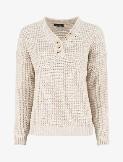Pull droit uni col V boutonné - Beige - 4