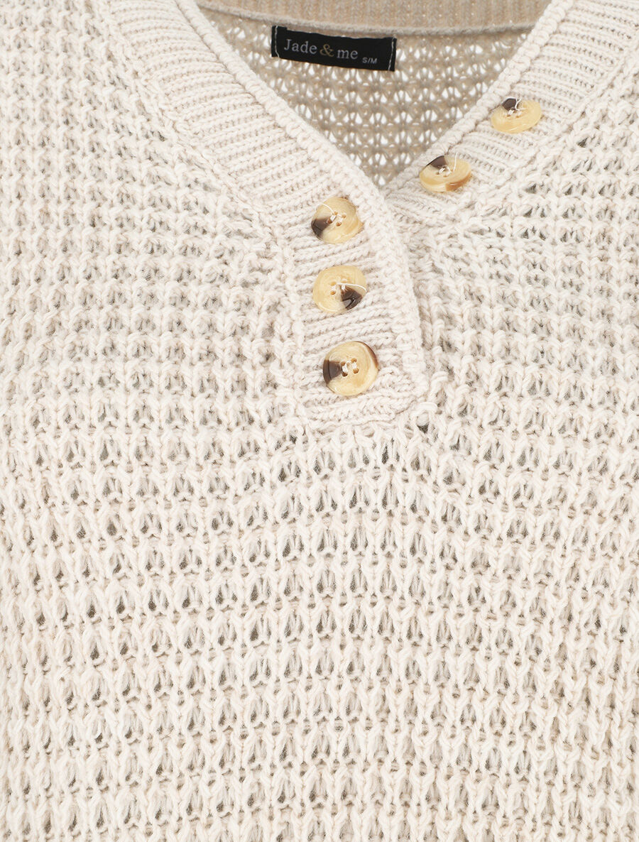 Pull droit uni col V boutonné - Beige - 3