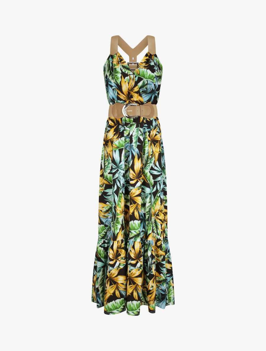 Robe longue coupe patineuse imprimé tropical à bretelles en simili - Noir - 1