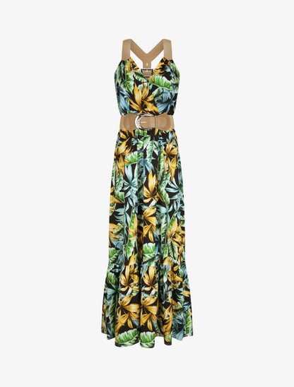 Robe longue coupe patineuse imprimé tropical à bretelles en simili - Noir - 1