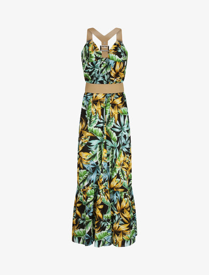 Robe longue coupe patineuse imprimé tropical à bretelles en simili - Noir - 2