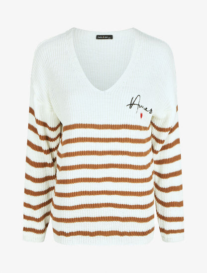 Pull marinière droit motif coeur - Camel - 6
