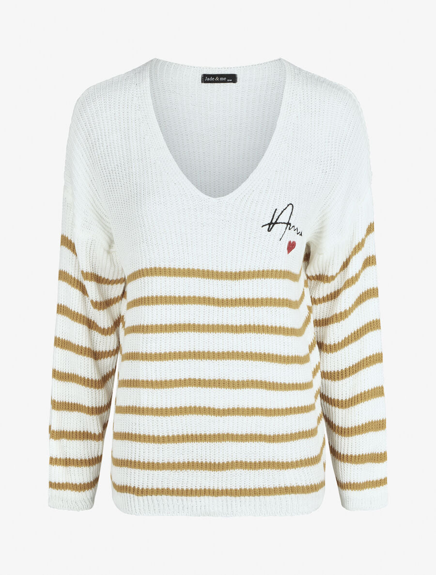 Pull marinière droit motif coeur - Moutarde - 4