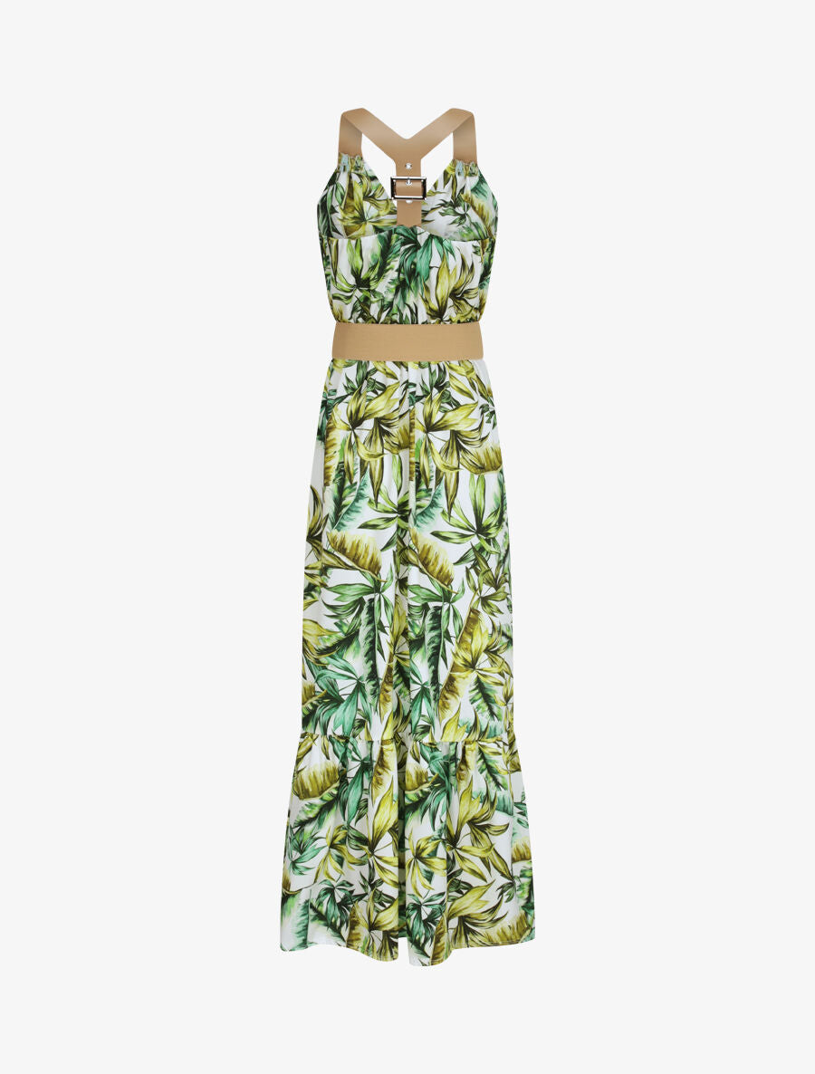 Robe longue coupe patineuse imprimé tropical à bretelles en simili - Blanc - 2