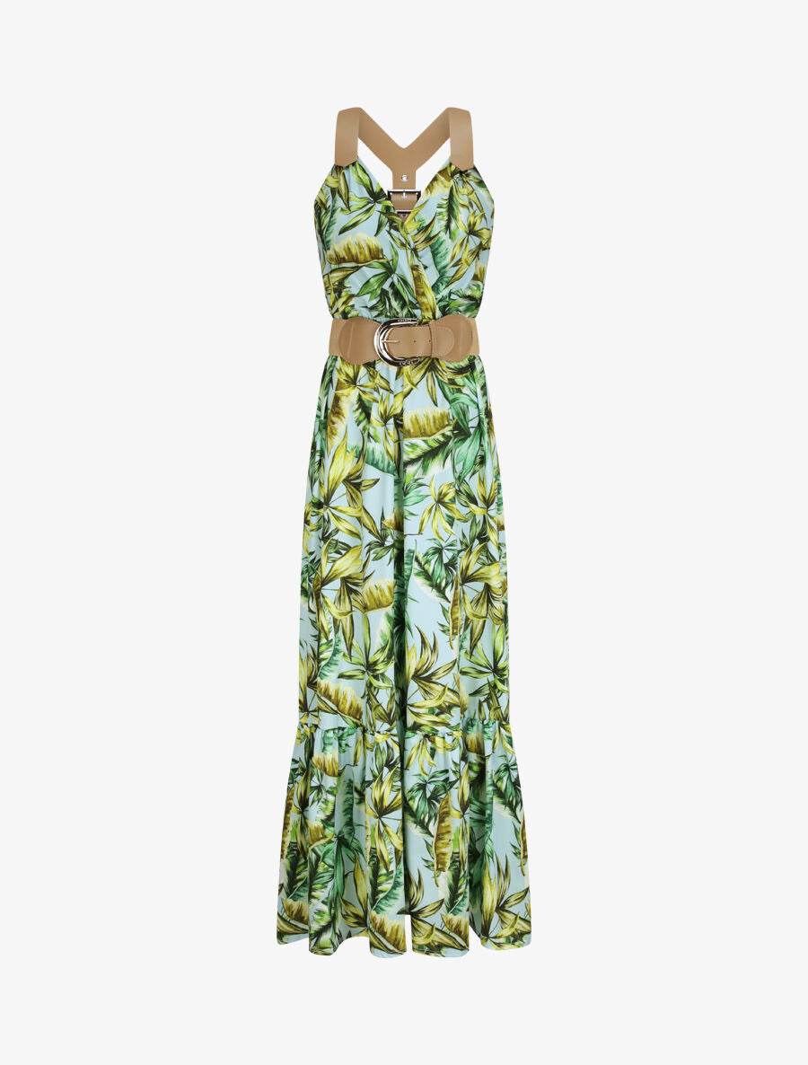 Robe longue coupe patineuse imprimé tropical à bretelles en simili - Vert d&