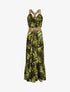 Robe longue coupe patineuse imprimé feuilles tropicales à bretelles en simili - Noir - 1
