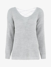 Pull droit col V dos en crochet - Gris clair - 1