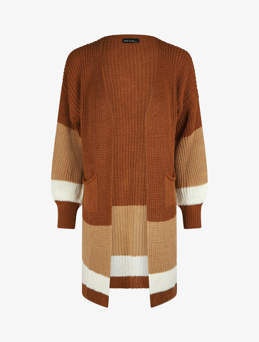 Gilet long rayé manches longues - Camel - 1