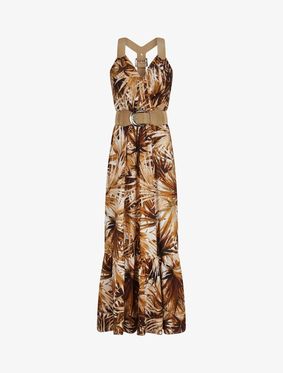 Robe longue coupe patineuse imprimé feuilles tropicales à bretelles en simili - Marron - 1