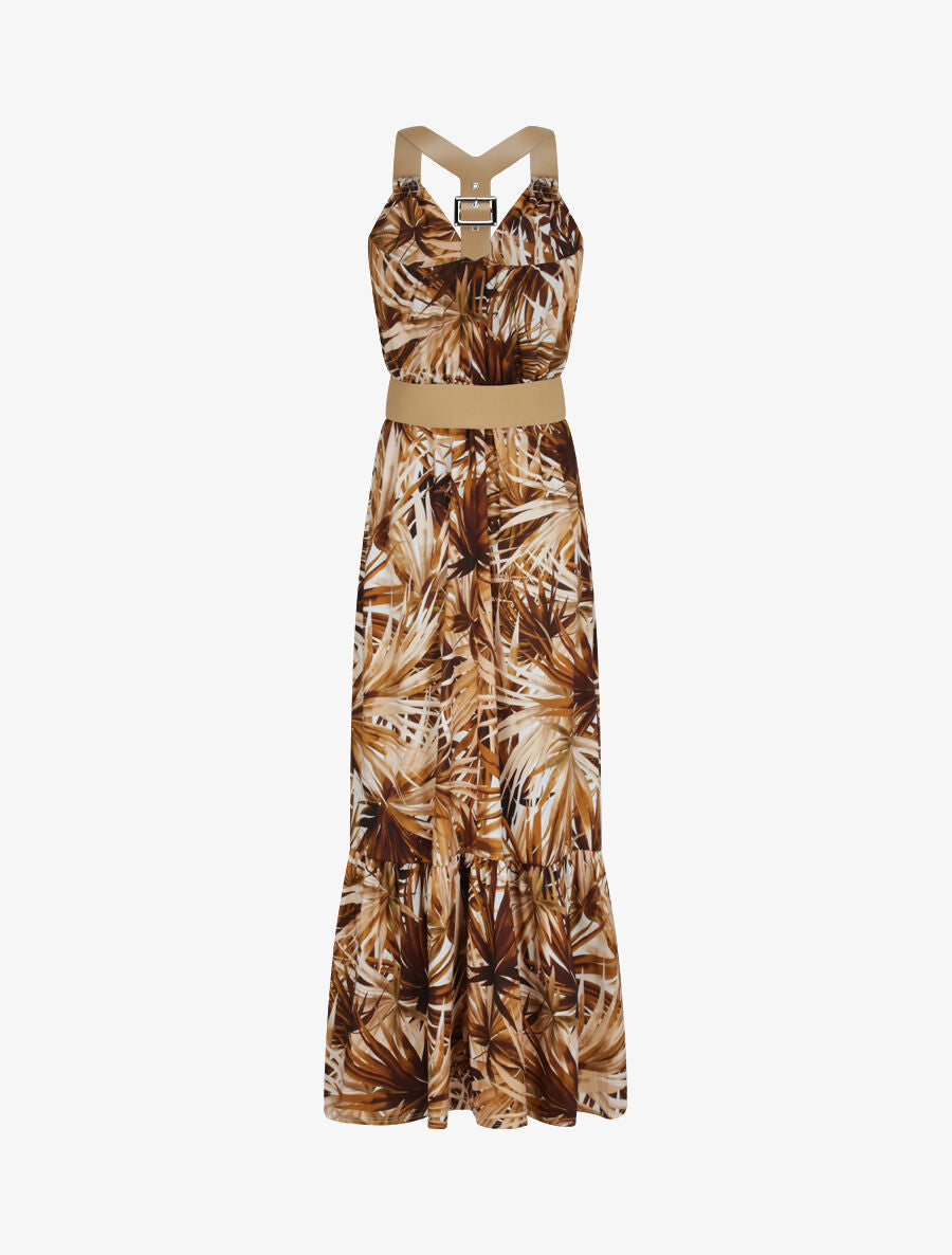 Robe longue coupe patineuse imprimé feuilles tropicales à bretelles en simili - Marron - 2