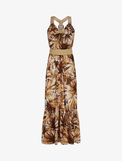 Robe longue coupe patineuse imprimé feuilles tropicales à bretelles en simili - Marron - 2