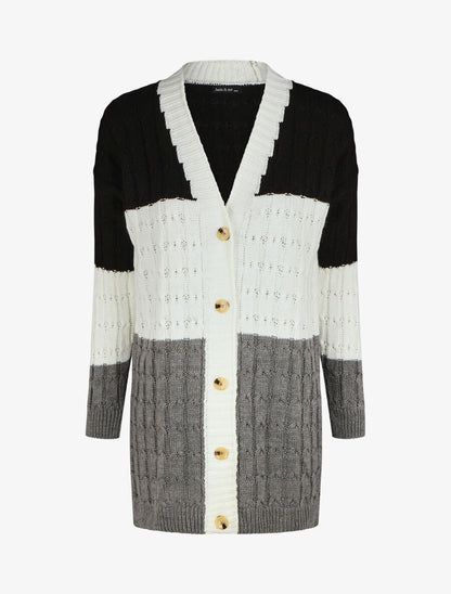 Gilet mi-long motif rayé - Noir - 1