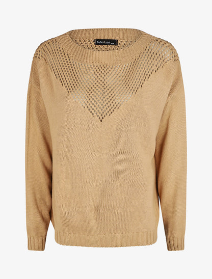 Pull droit col bateau en maille ajourée - Camel - 1