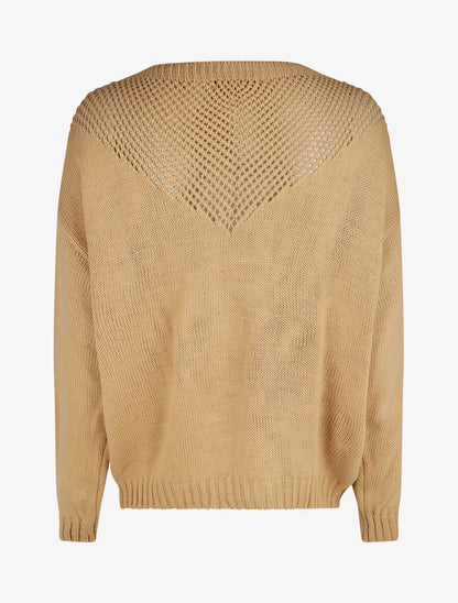 Pull droit col bateau en maille ajourée - Camel - 2