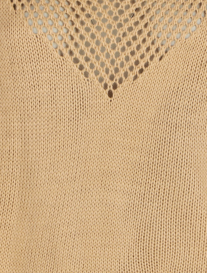 Pull droit col bateau en maille ajourée - Camel - 3