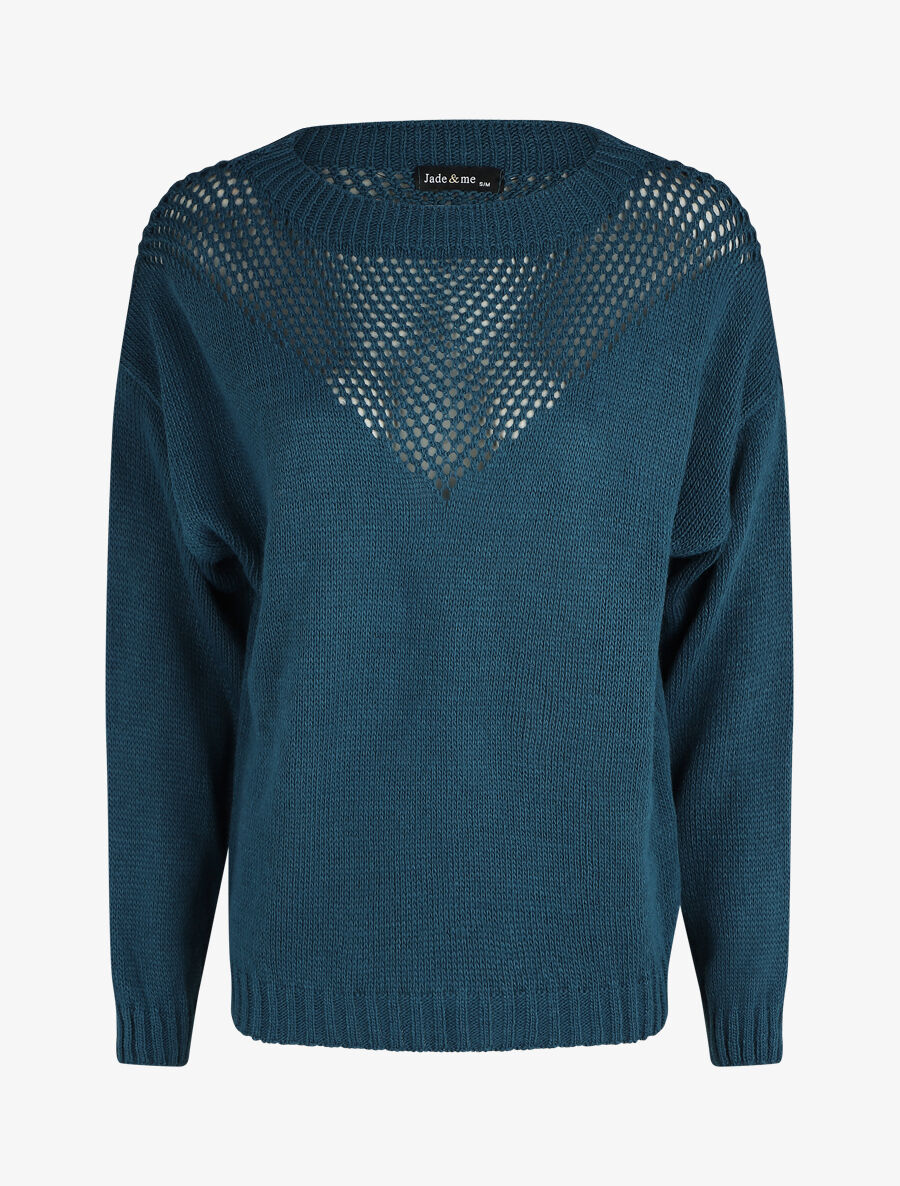 Pull droit col bateau en maille ajourée - Bleu canard - 1