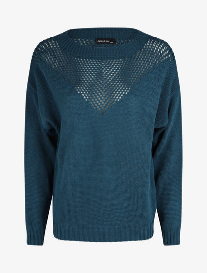 Pull droit col bateau en maille ajourée - Bleu canard - 1