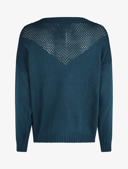Pull droit col bateau en maille ajourée - Bleu canard - 2