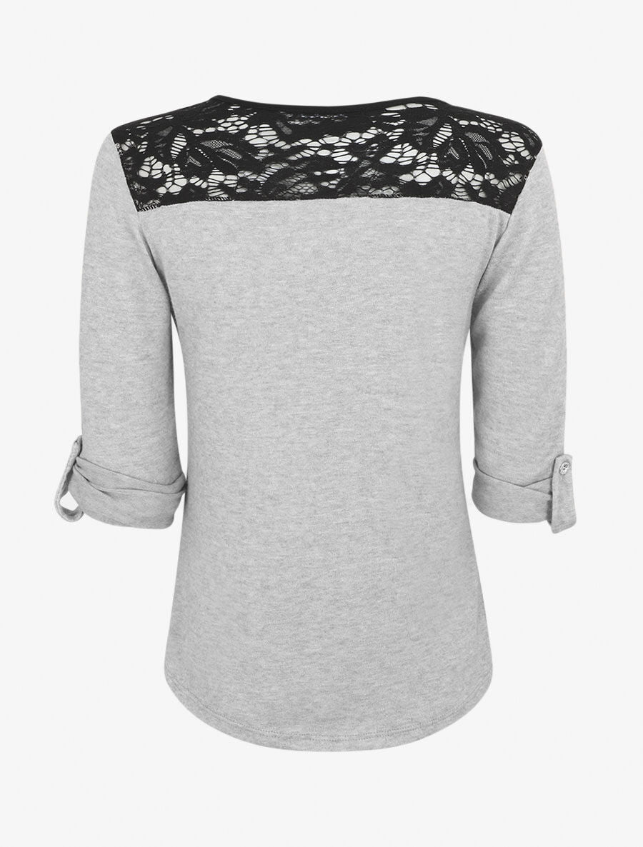 Pull droit uni à zip et dentelle - Gris - 2