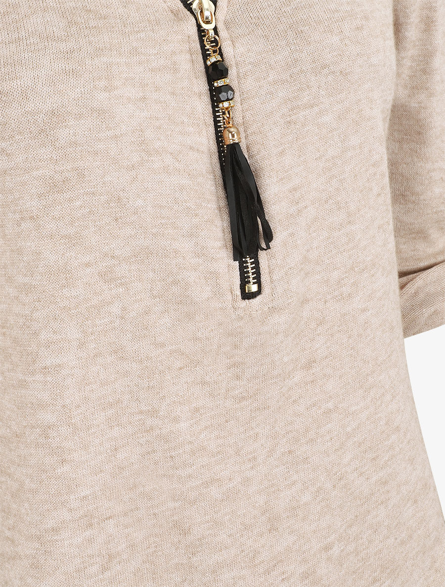Pull droit uni à zip et dentelle - Beige - 3