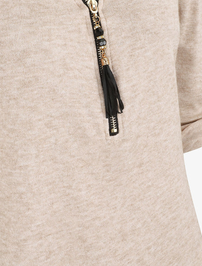Pull droit uni à zip et dentelle - Beige - 3