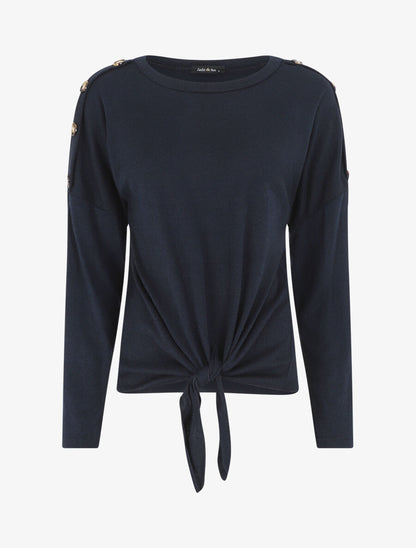 Pull droit uni à noeud et boutons - Marine - 5