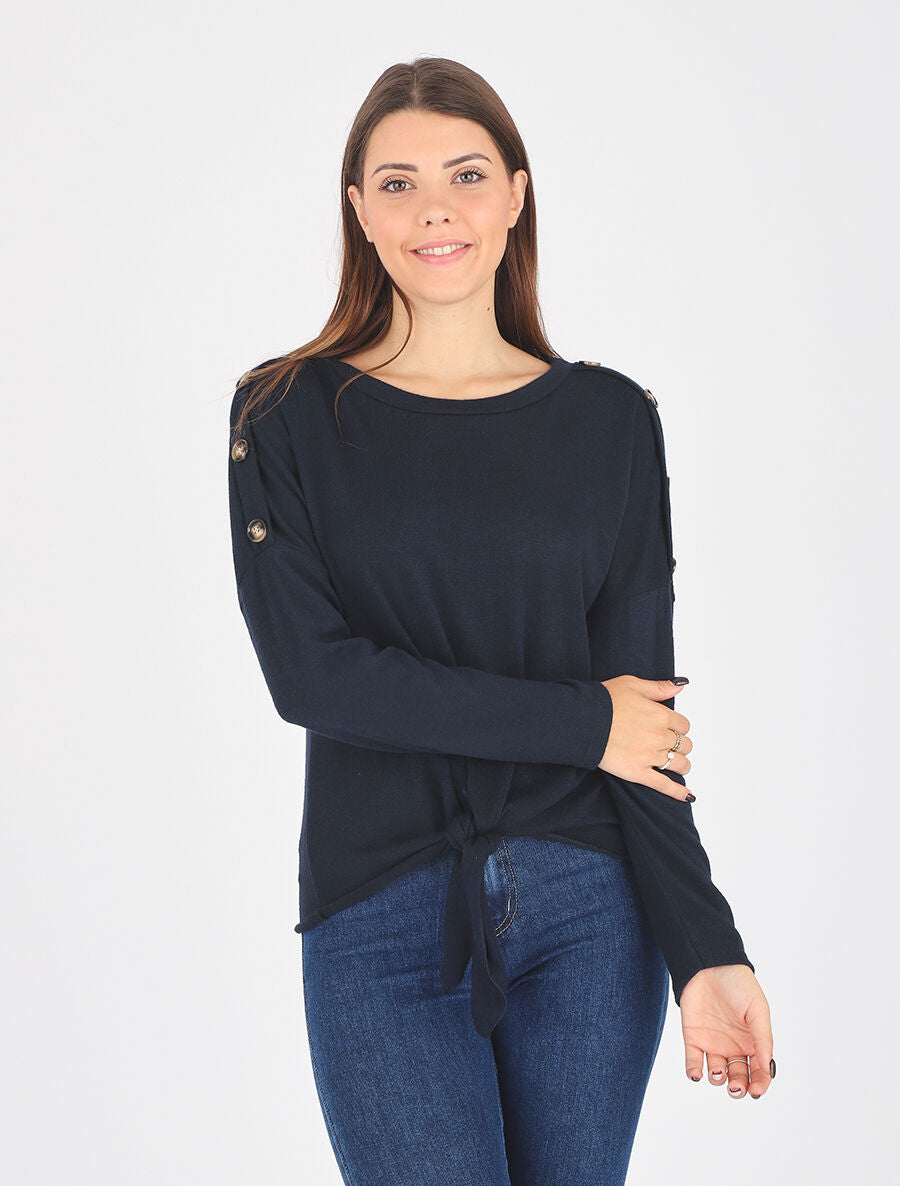 Pull droit uni à noeud et boutons - Marine - 4