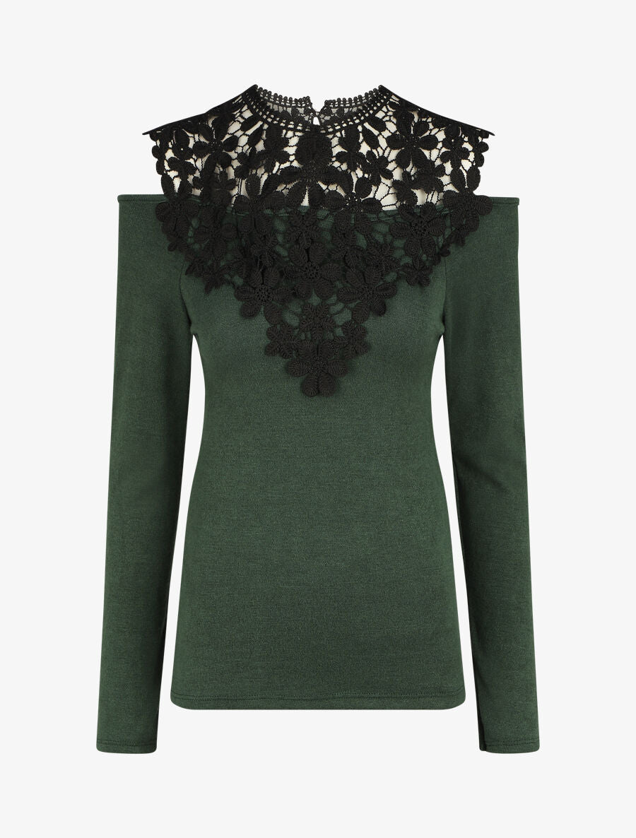 Pull droit à épaules dénudées et crochet - Vert foncé - 1