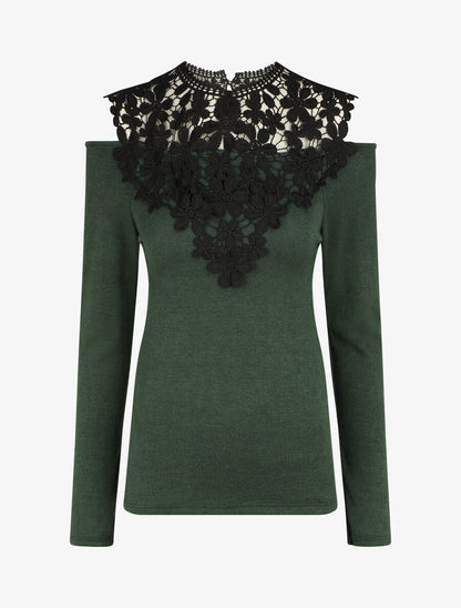 Pull droit à épaules dénudées et crochet - Vert foncé - 1