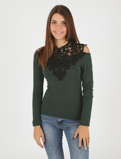 Pull droit à épaules dénudées et crochet - Vert foncé - 4