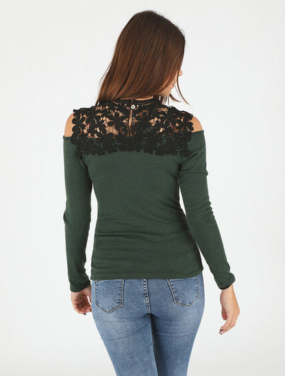 Pull droit à épaules dénudées et crochet - Vert foncé - 5