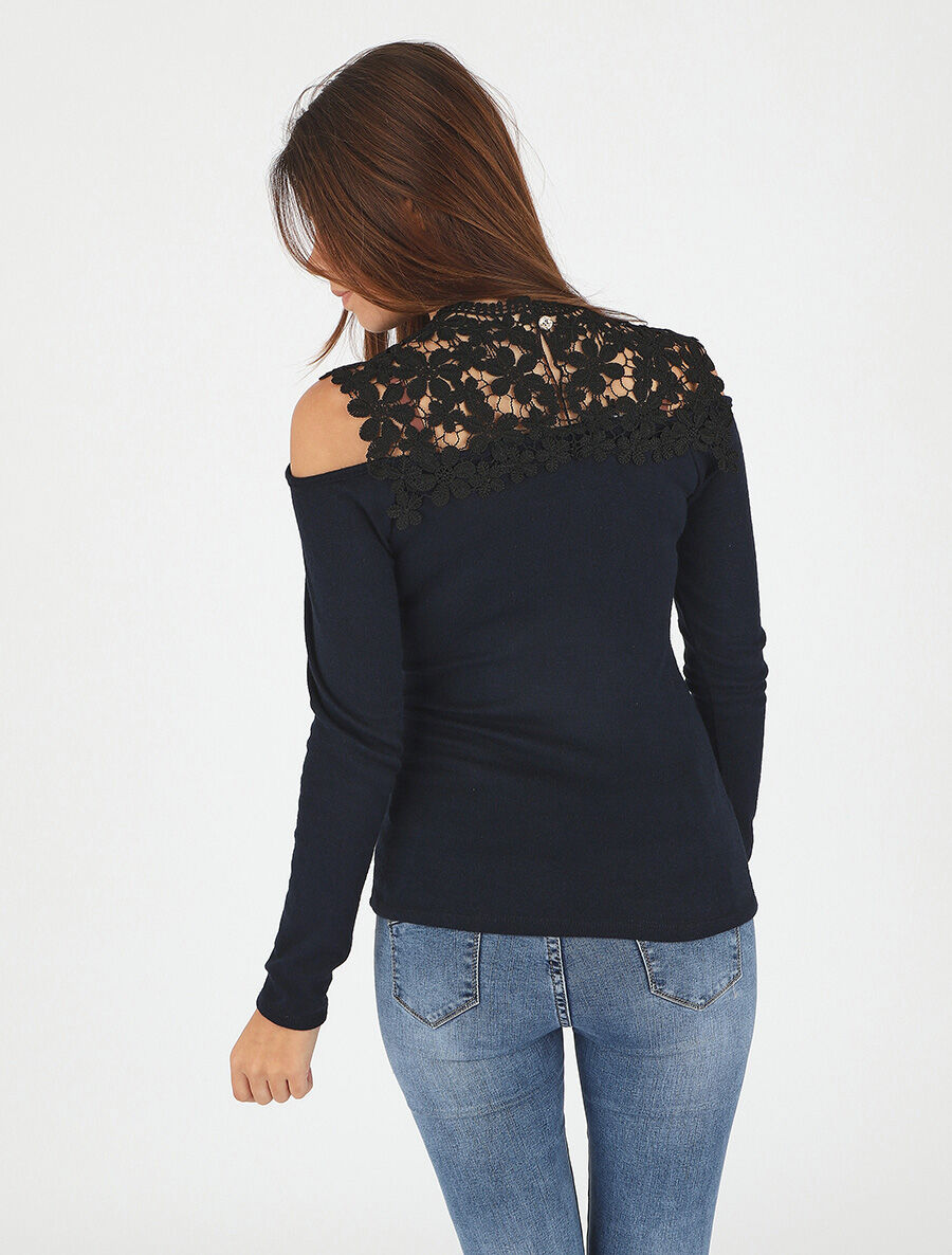 Pull droit à épaules dénudées et crochet - Marine - 5