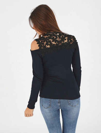 Pull droit à épaules dénudées et crochet - Marine - 5