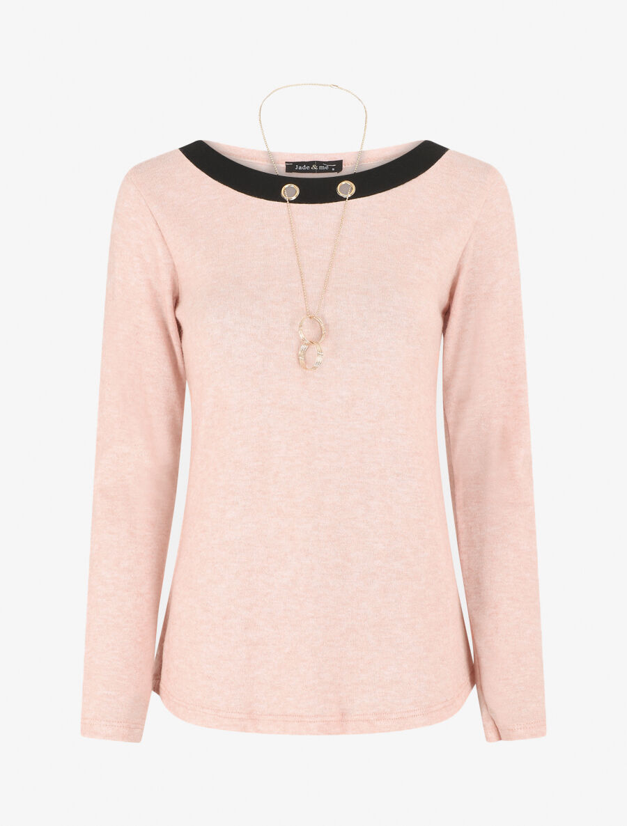 Pull fin uni et sautoir - Rose - 4