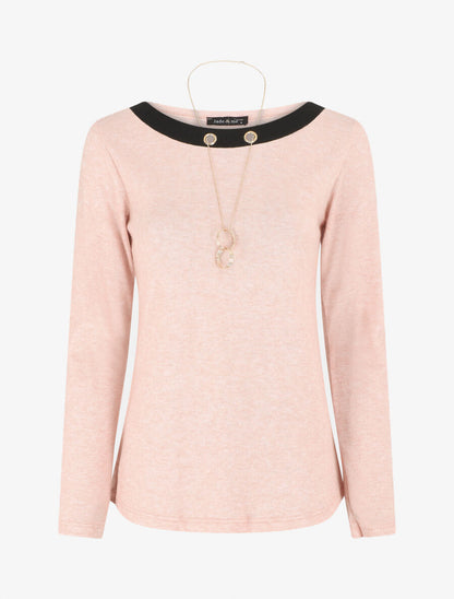 Pull fin uni et sautoir - Rose - 4