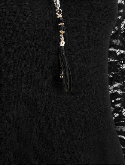 Pull droit uni manches en dentelle - Noir - 3
