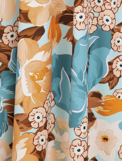 Robe longue coupe patineuse imprimé fleurs estivales à bretelles en simili - Vert d&