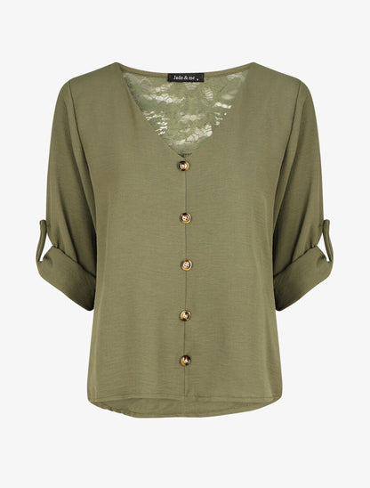 Top droit col V boutonné et dentelle - Kaki - 1
