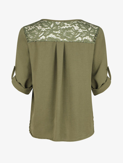 Top droit col V boutonné et dentelle - Kaki - 2
