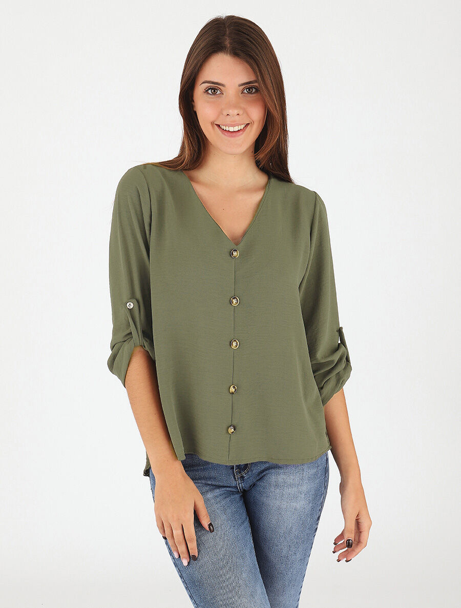 Top droit col V boutonné et dentelle - Kaki - 4
