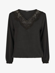 Top élastiqué col V en dentelle - Noir - 1
