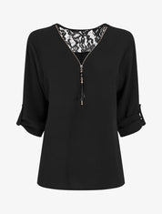 Top droit uni à zip et dentelle - Noir - 4