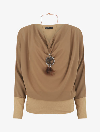 Blouse unie à col bénitier - Camel - 1