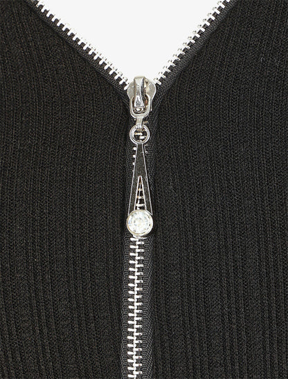 Pull fin droit et côtelé col zippé - Noir - 3