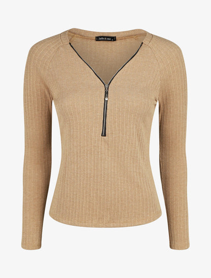 Pull fin droit et côtelé col zippé - Beige - 4