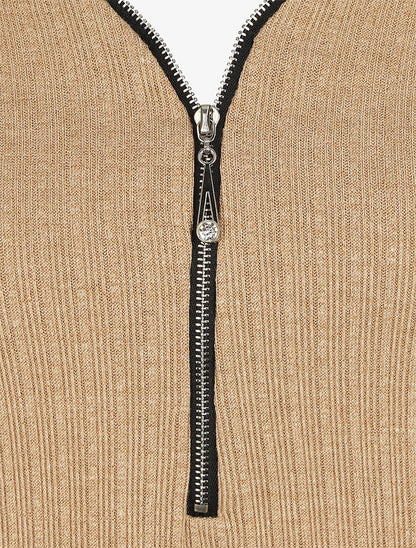 Pull fin droit et côtelé col zippé - Beige - 3
